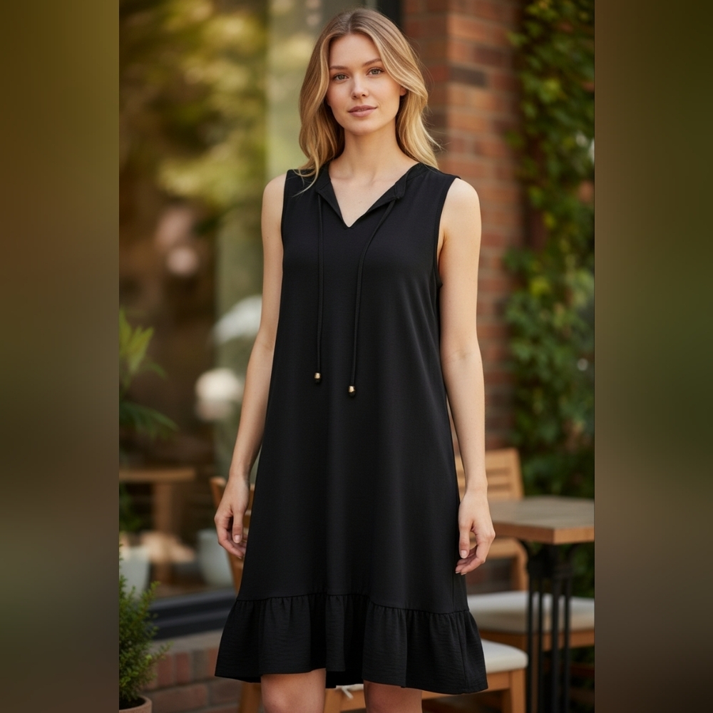 Michael Kors Medium Casual Black Ruffle Dress V Neck Metal Beads Slip On Flowy